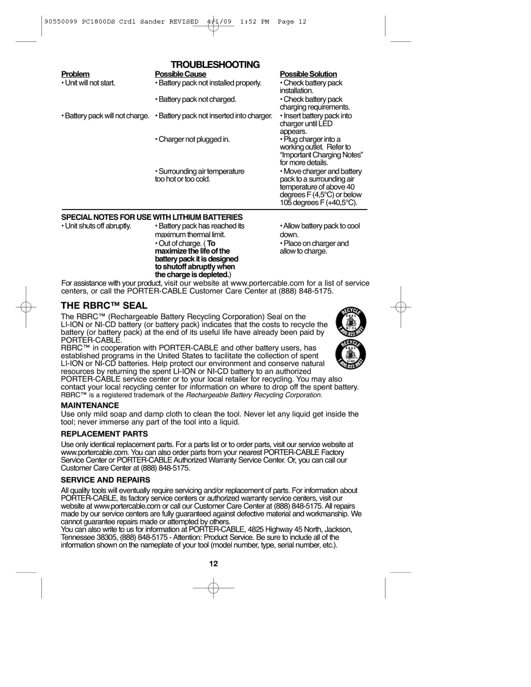 Porter-Cable PC1800DS, 90550099 Troubleshooting, Rbrc Seal, Maintenance, Replacement Parts Service and Repairs 