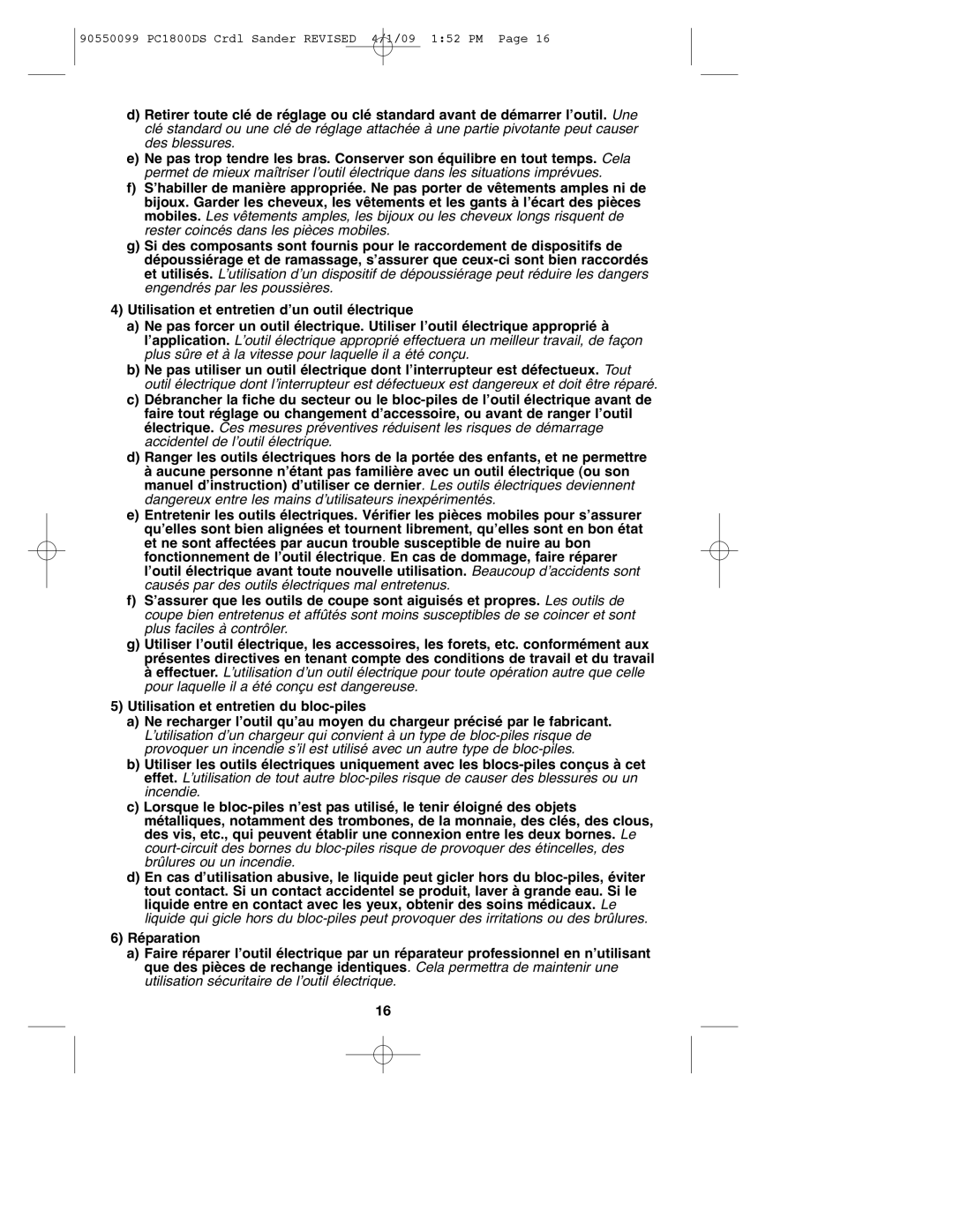 Porter-Cable instruction manual 90550099 PC1800DS Crdl Sander Revised 4/1/09 152 PM 