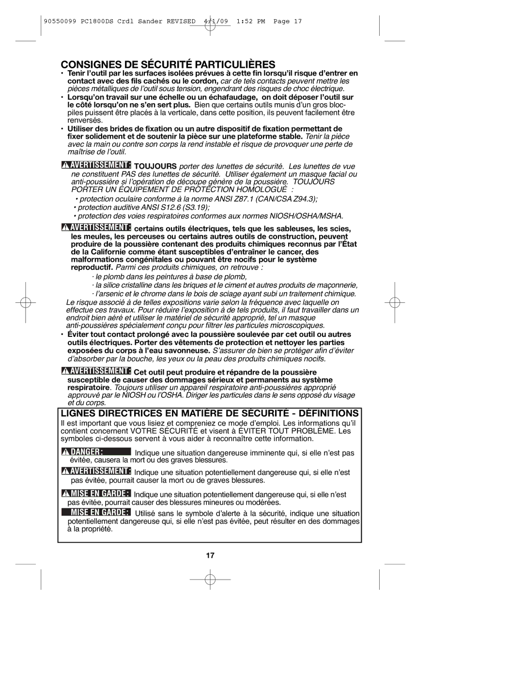 Porter-Cable 90550099, PC1800DS Consignes DE Sécurité Particulières, Lignes Directrices EN Matière DE Sécurité Définitions 