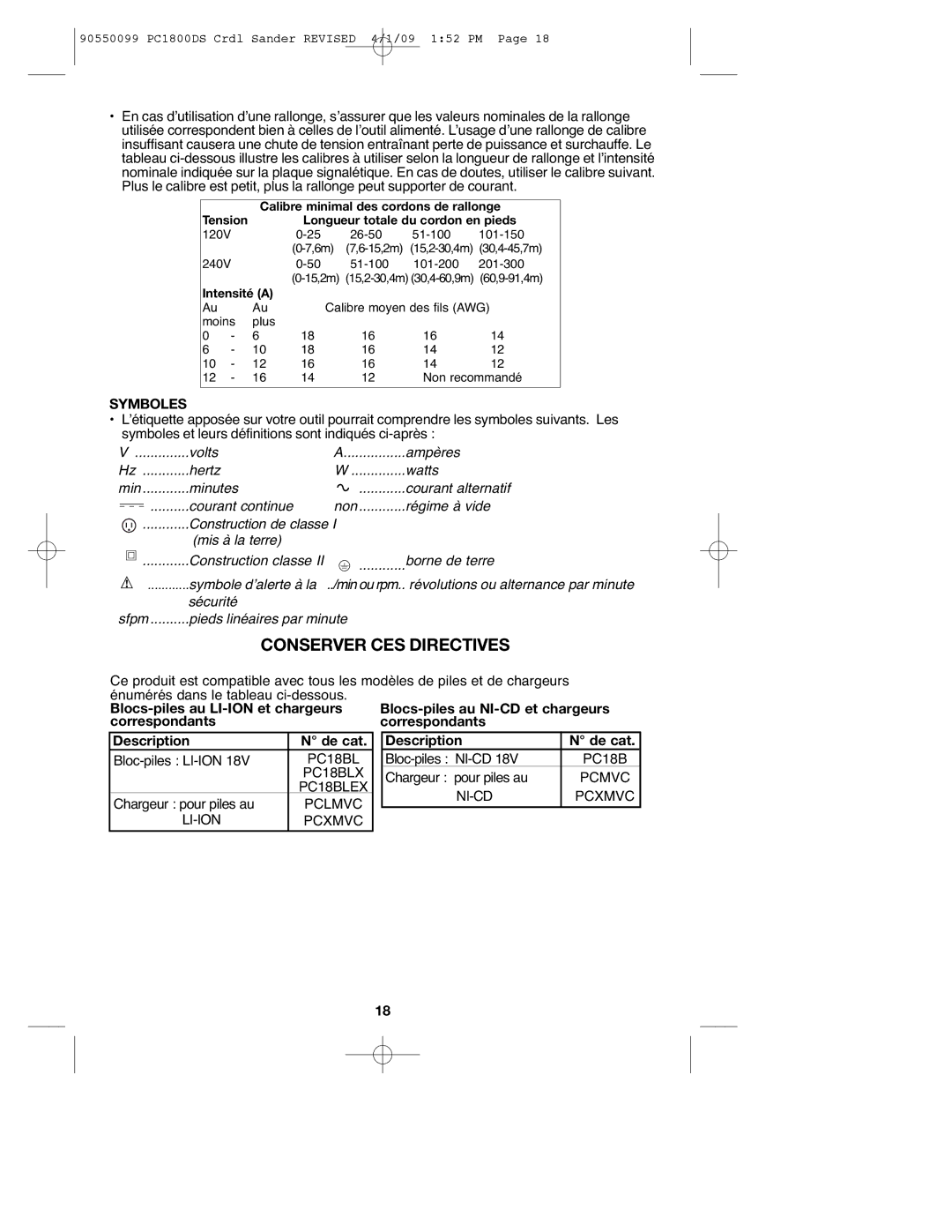 Porter-Cable PC1800DS, 90550099 instruction manual Conserver CES Directives, Symboles 