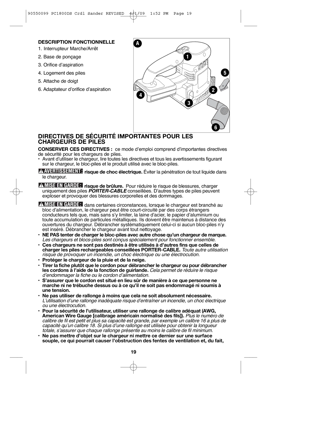 Porter-Cable 90550099, PC1800DS instruction manual Description Fonctionnelle 