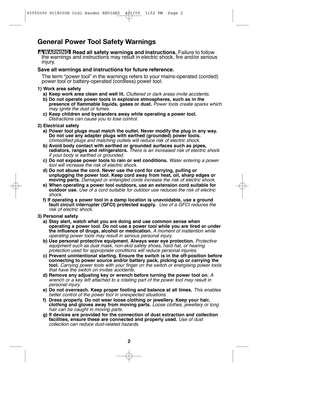 Porter-Cable PC1800DS, 90550099 instruction manual General Power Tool Safety Warnings 