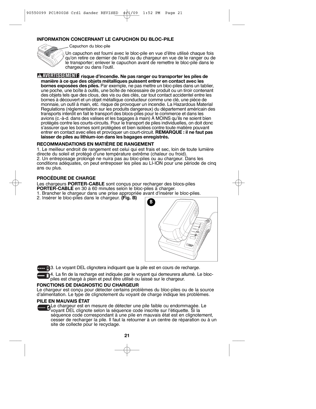 Porter-Cable 90550099, PC1800DS Information Concernant LE Capuchon DU BLOC-PILE, Recommandations EN Matière DE Rangement 