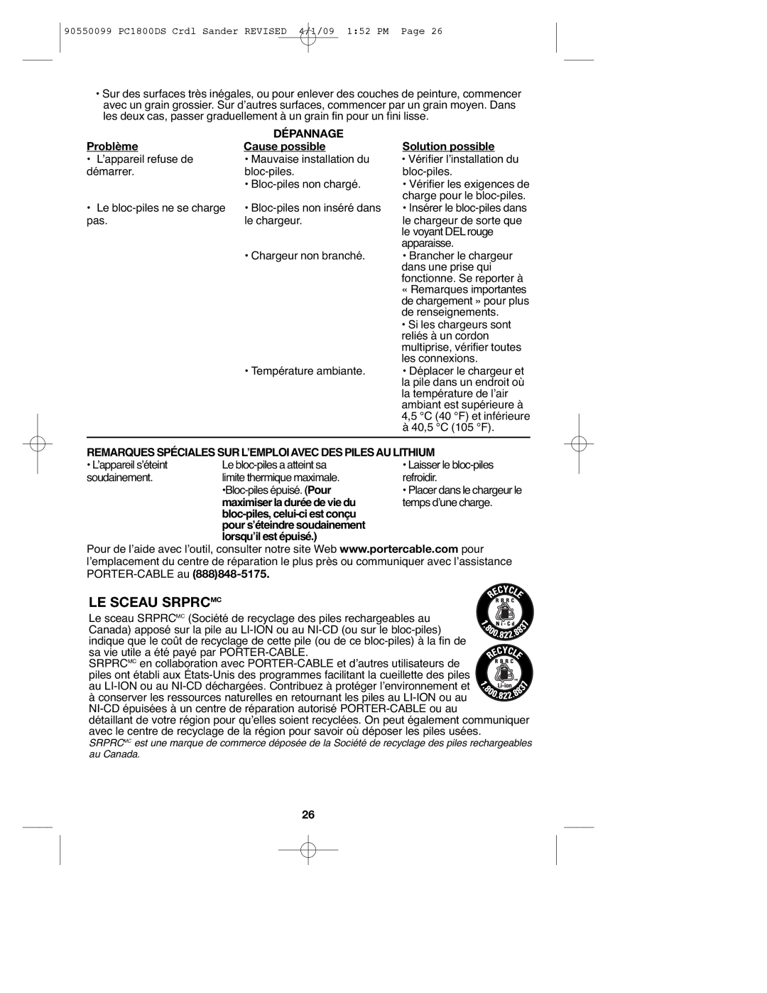 Porter-Cable PC1800DS, 90550099 instruction manual LE Sceau Srprcmc, Dépannage 