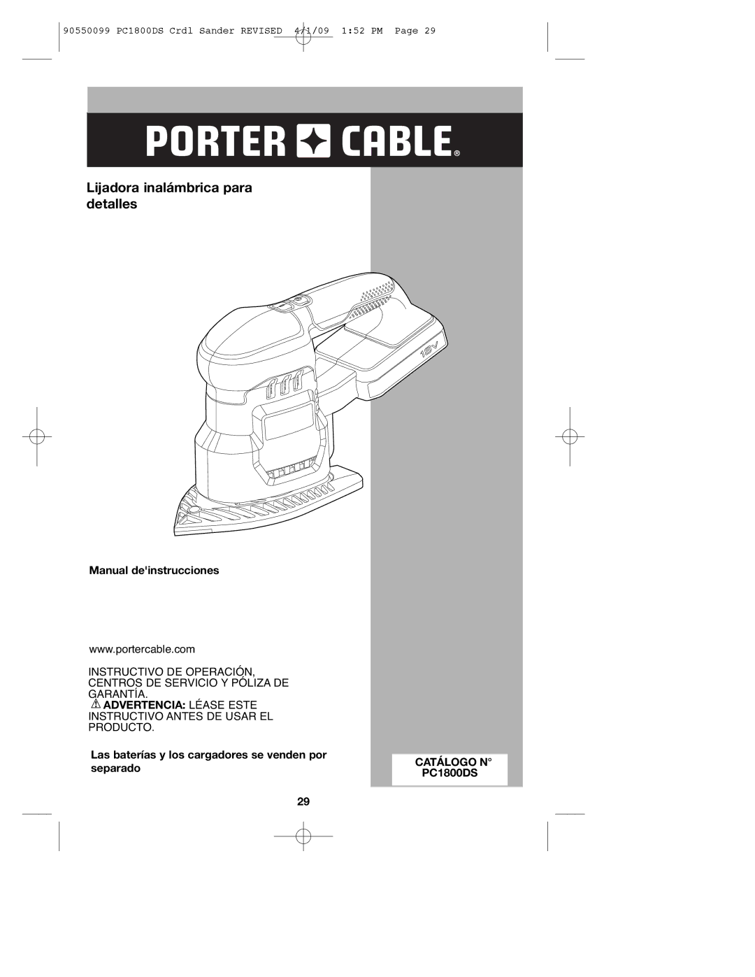 Porter-Cable 90550099, PC1800DS instruction manual Lijadora inalámbrica para detalles, Catálogo N 