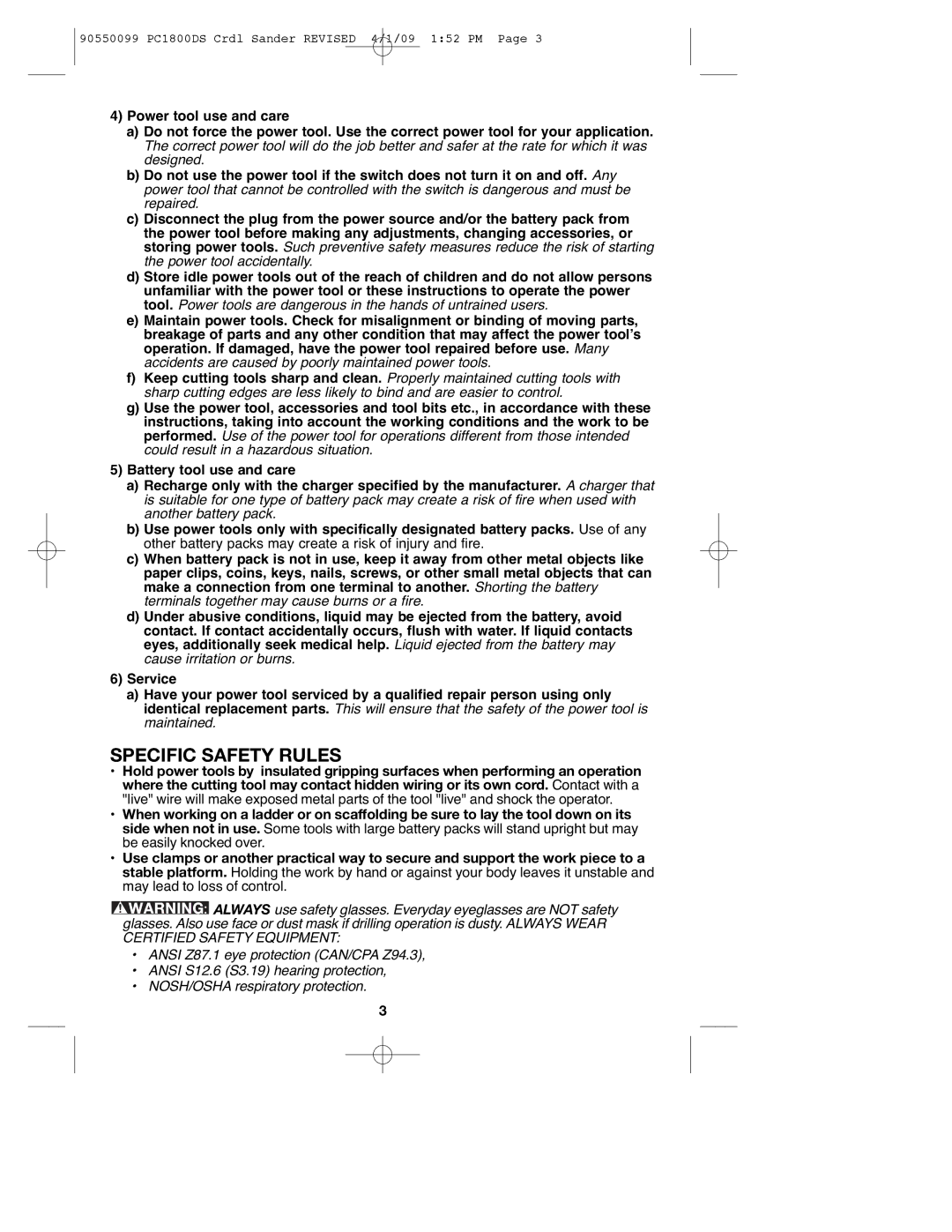 Porter-Cable 90550099, PC1800DS instruction manual Specific Safety Rules 