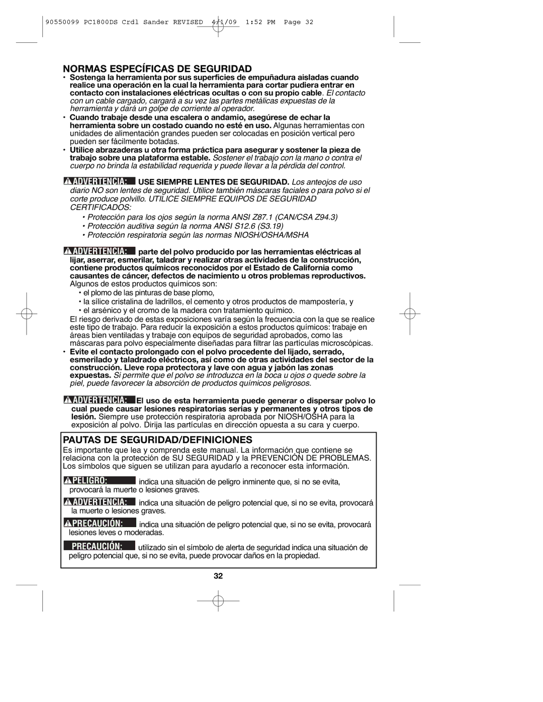 Porter-Cable PC1800DS, 90550099 instruction manual Normas Específicas DE Seguridad, Pautas DE SEGURIDAD/DEFINICIONES 