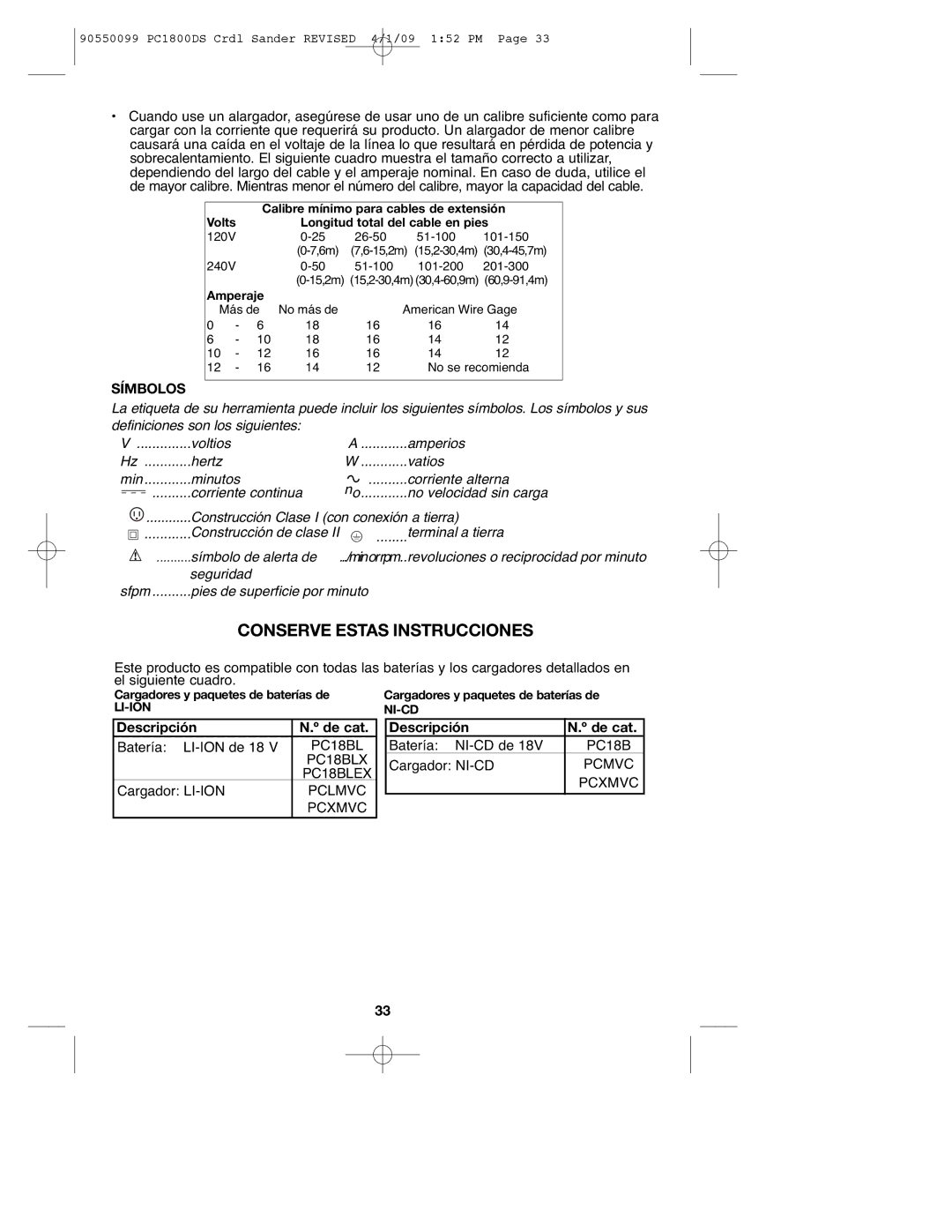 Porter-Cable 90550099, PC1800DS instruction manual Conserve Estas Instrucciones, Símbolos 