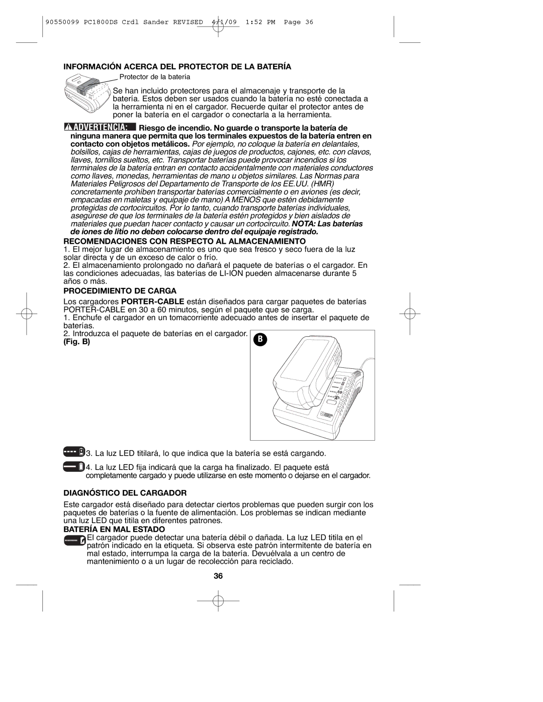 Porter-Cable PC1800DS Información Acerca DEL Protector DE LA Batería, Recomendaciones CON Respecto AL Almacenamiento 