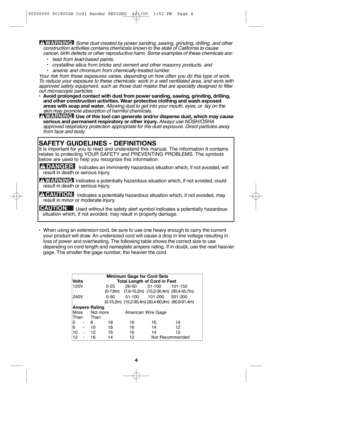 Porter-Cable PC1800DS, 90550099 instruction manual Safety Guidelines Definitions 