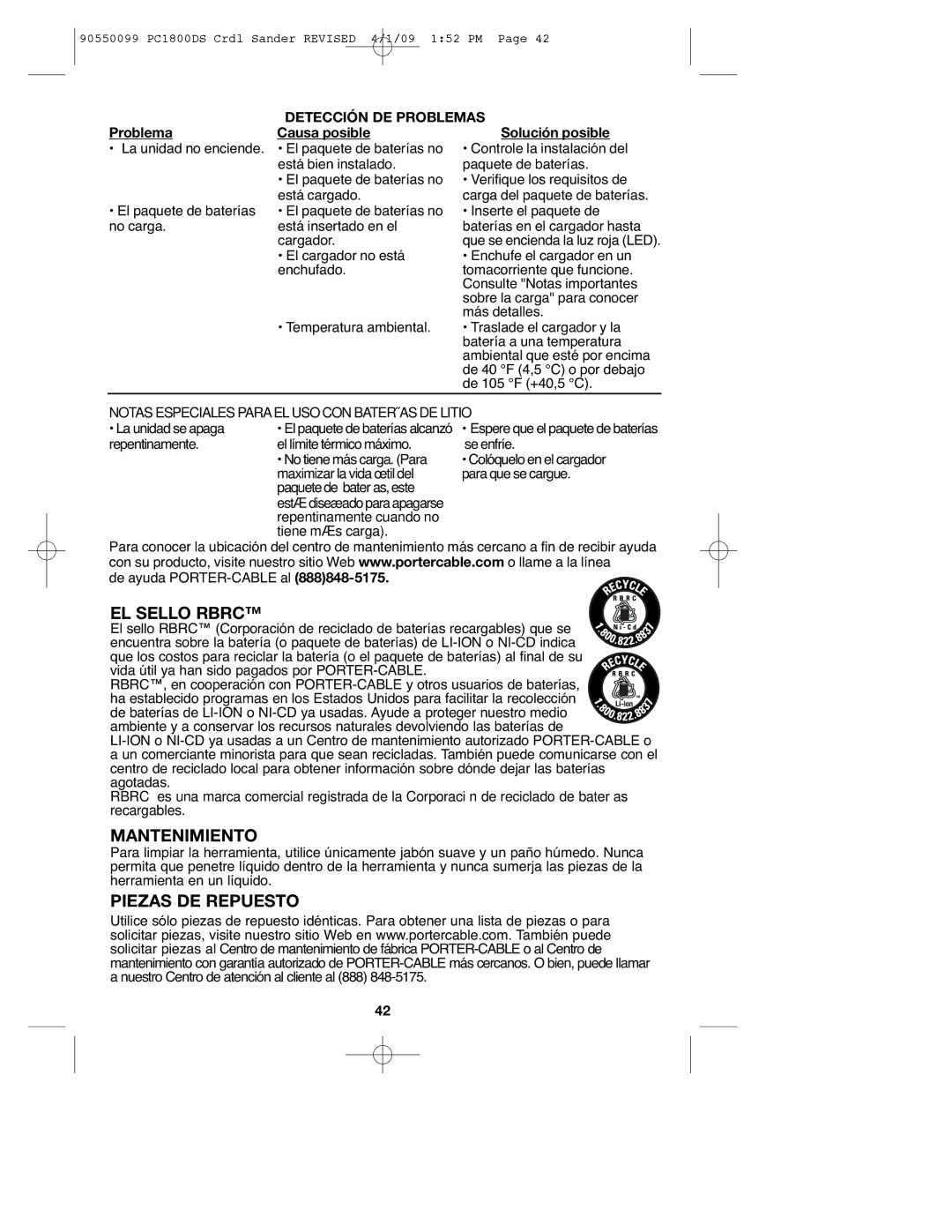 Porter-Cable PC1800DS, 90550099 instruction manual Mantenimiento, Piezas DE Repuesto, Detección DE Problemas 