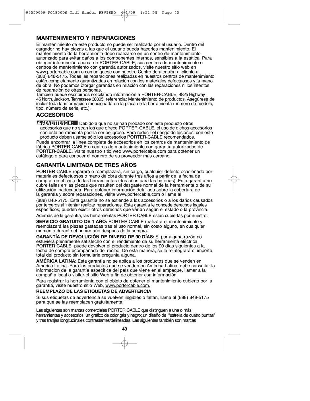 Porter-Cable 90550099, PC1800DS instruction manual Mantenimiento Y Reparaciones, Accesorios, Garantía Limitada DE Tres Años 