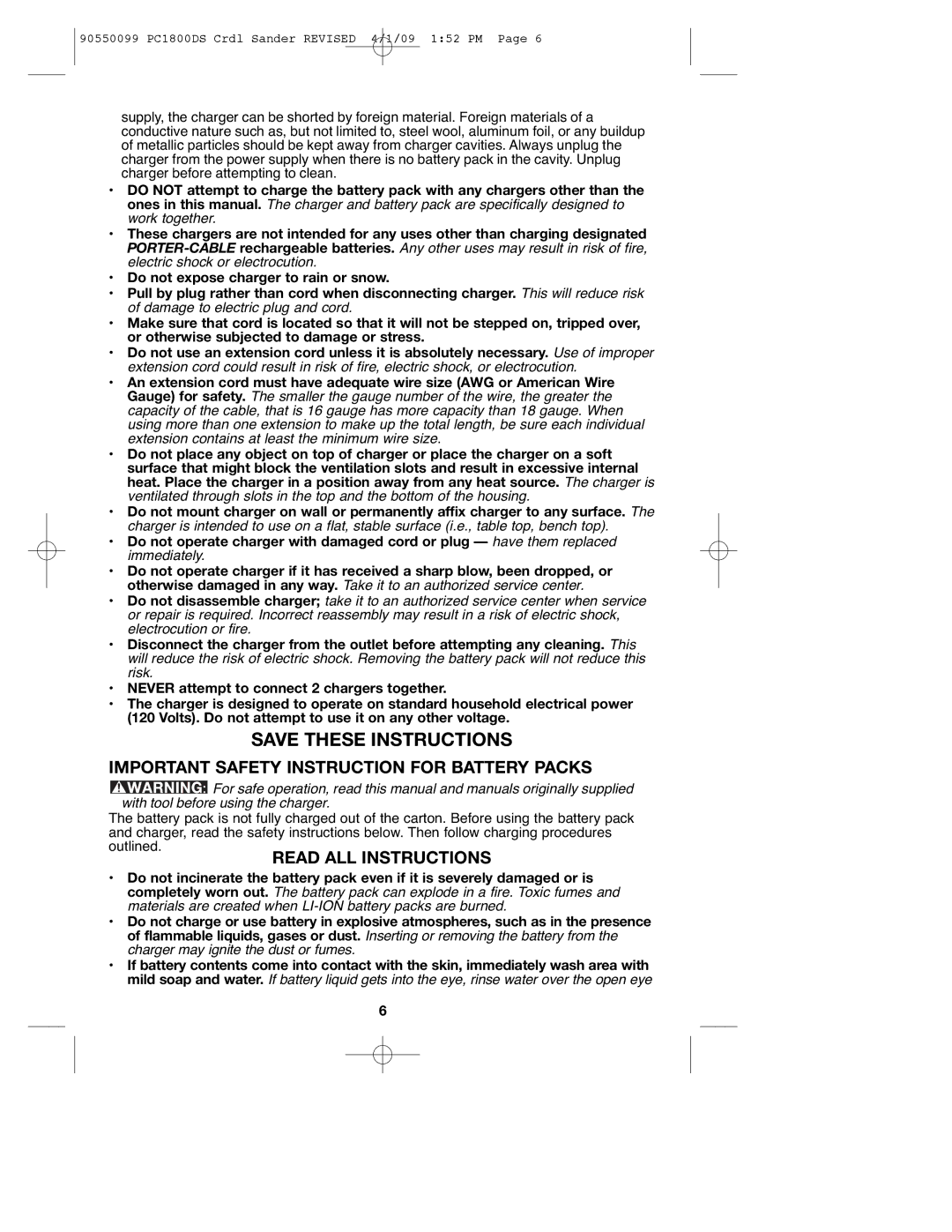 Porter-Cable PC1800DS, 90550099 instruction manual Important Safety Instruction for Battery Packs, Read ALL Instructions 