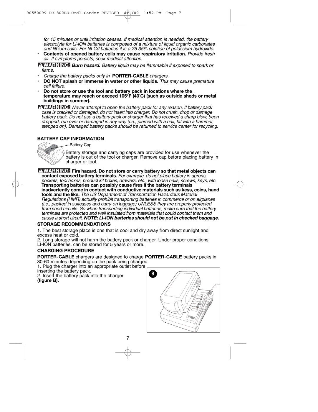 Porter-Cable 90550099, PC1800DS instruction manual Battery CAP Information, Storage Recommendations, Charging Procedure 