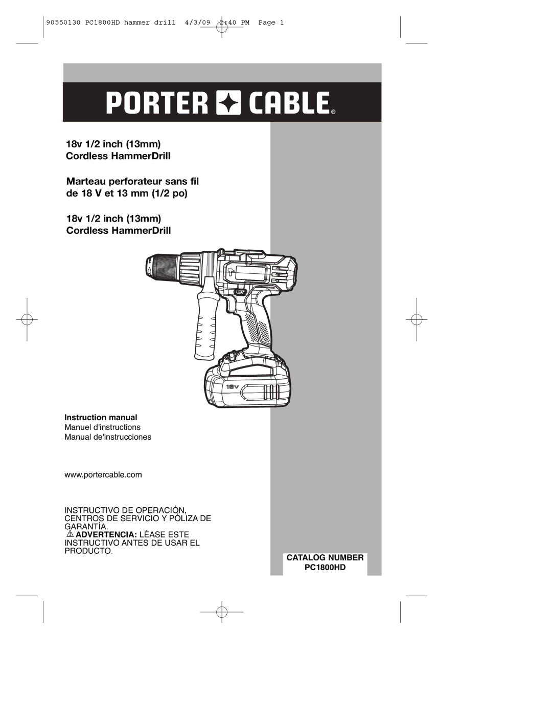 Porter-Cable 90550130 instruction manual Advertencia Léase Este, Catalog Number, PC1800HD 