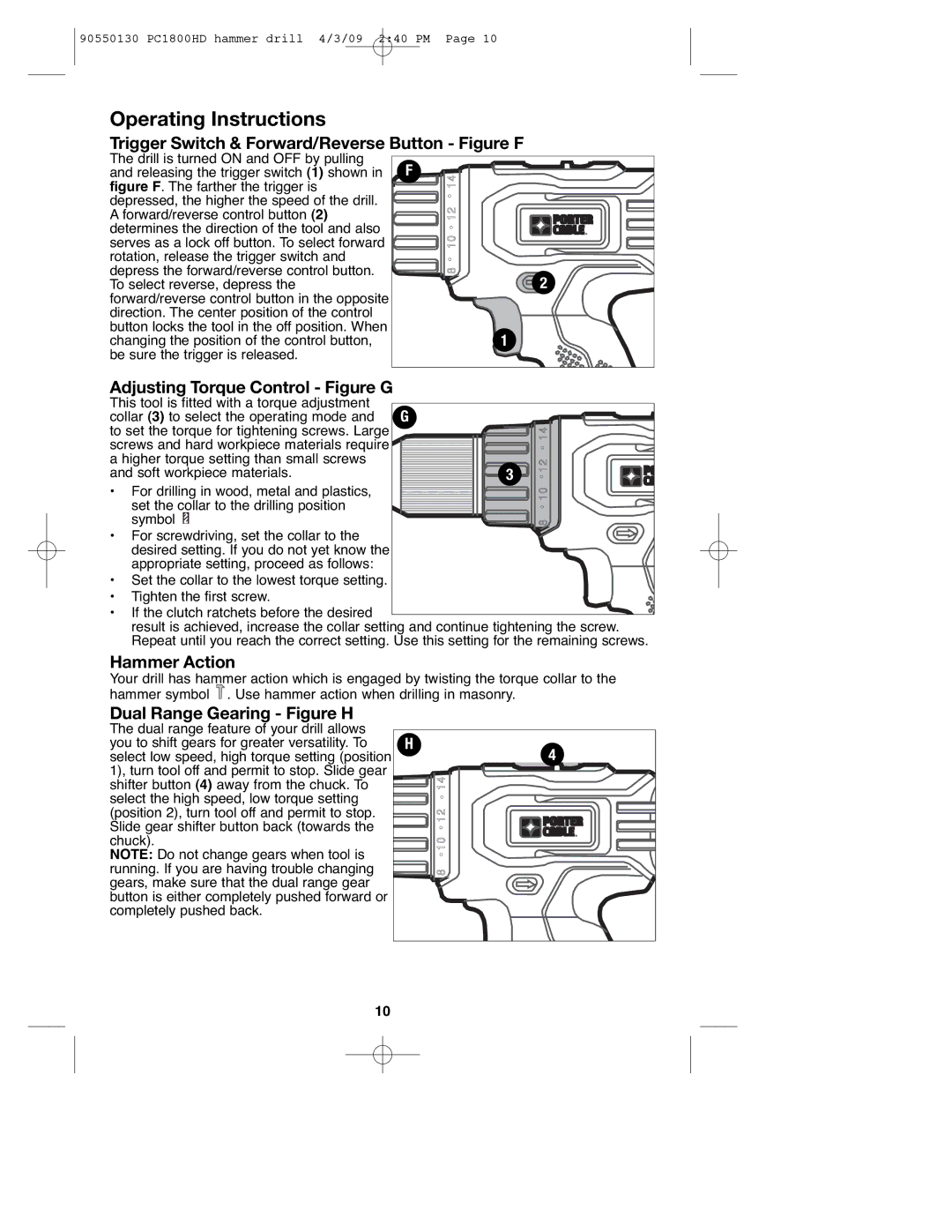 Porter-Cable PC1800HD Trigger Switch & Forward/Reverse Button Figure F, Adjusting Torque Control Figure G, Hammer Action 