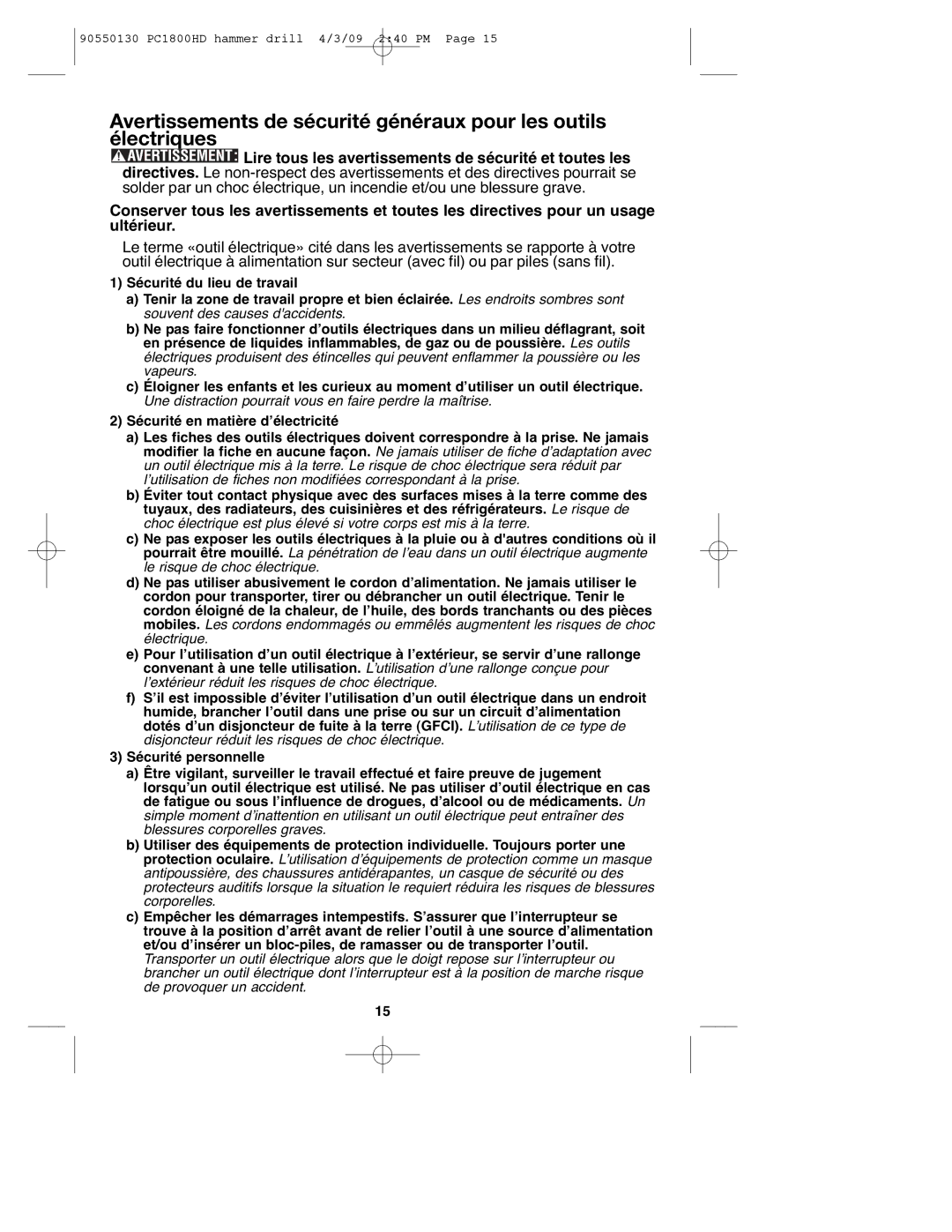 Porter-Cable instruction manual 90550130 PC1800HD hammer drill 4/3/09 240 PM 