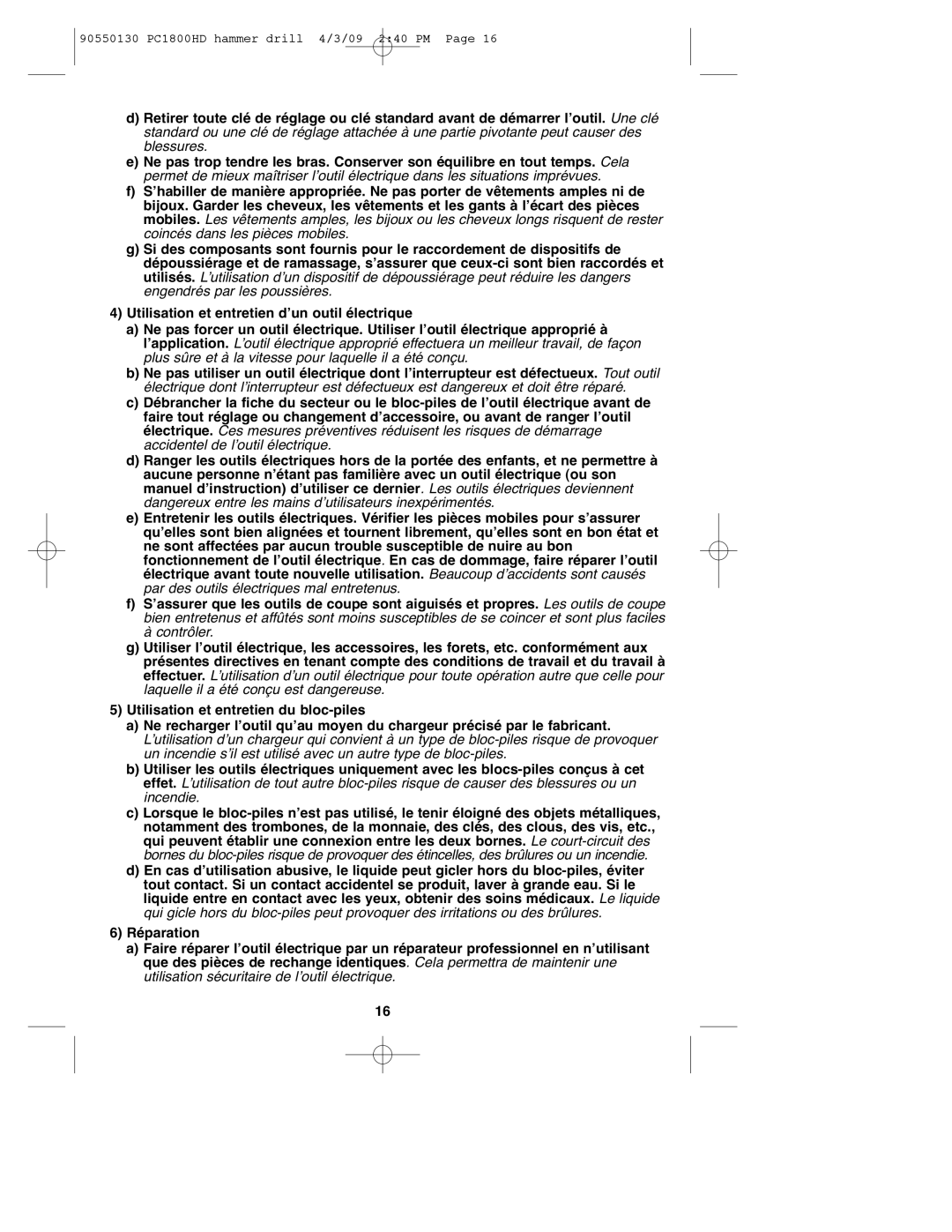 Porter-Cable instruction manual 90550130 PC1800HD hammer drill 4/3/09 240 PM 