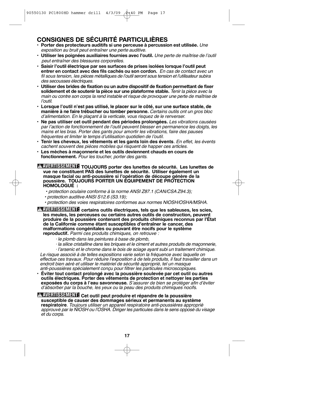 Porter-Cable 90550130, PC1800HD instruction manual Consignes DE Sécurité Particulières 