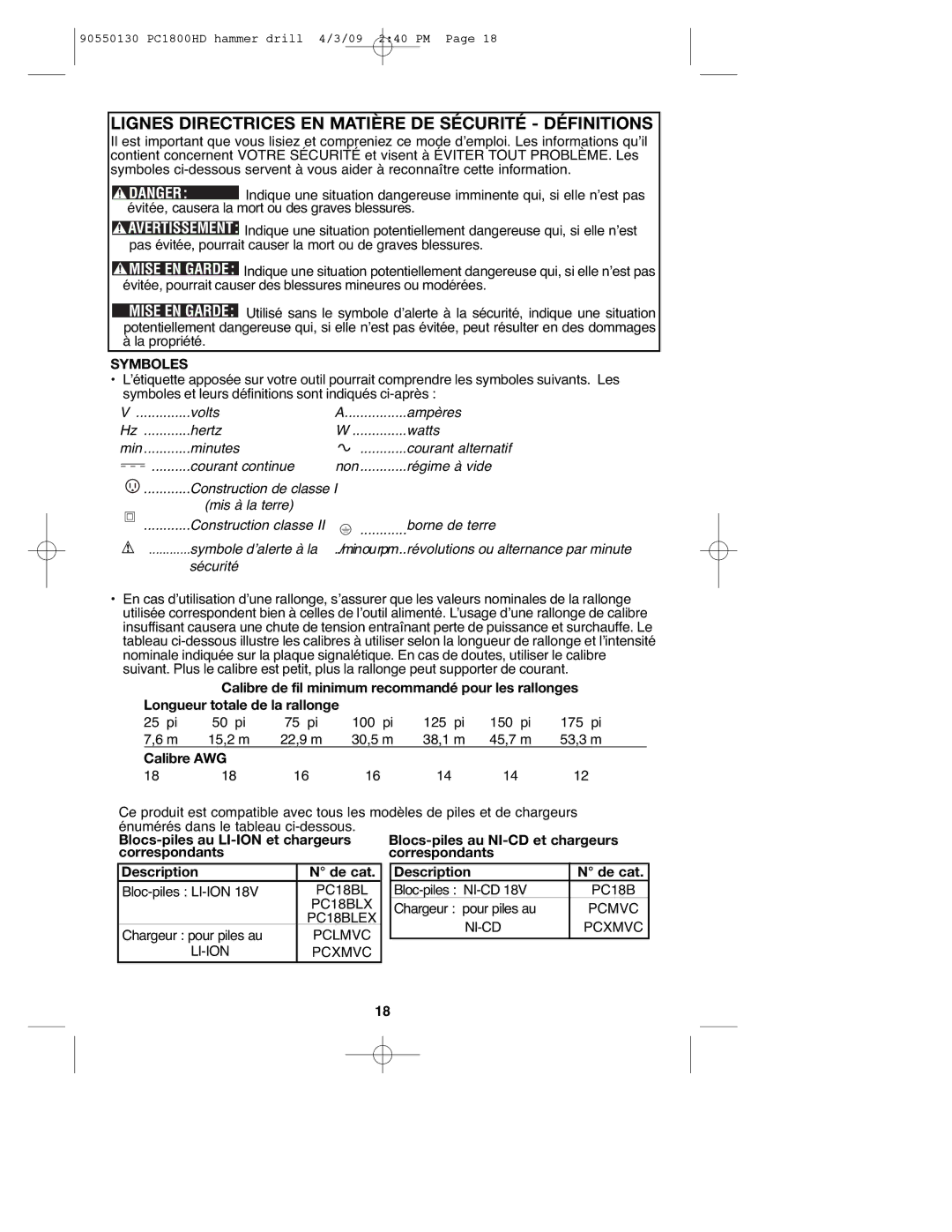 Porter-Cable PC1800HD Lignes Directrices EN Matière DE Sécurité Définitions, Symboles, Calibre AWG, Description De cat 