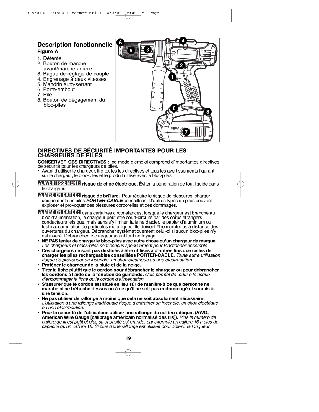 Porter-Cable 90550130, PC1800HD instruction manual Description fonctionnelle 