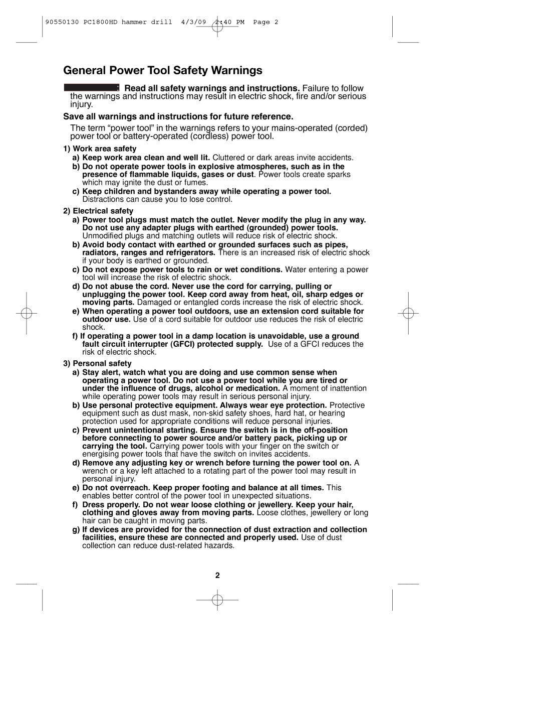 Porter-Cable PC1800HD, 90550130 instruction manual General Power Tool Safety Warnings, Work area safety 