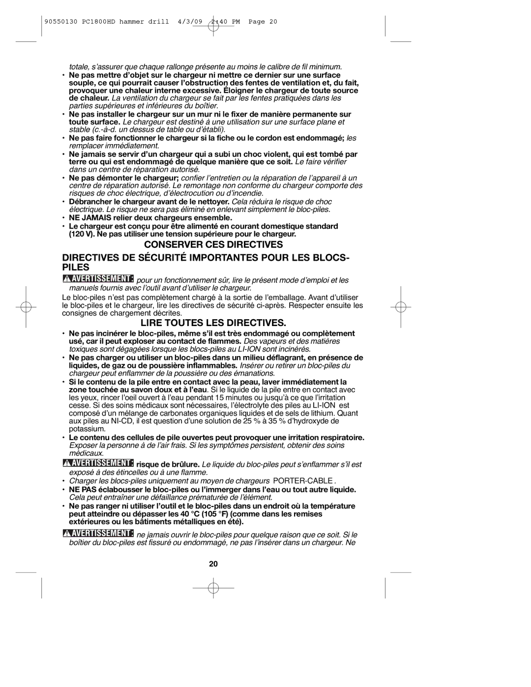 Porter-Cable PC1800HD, 90550130 instruction manual Lire Toutes LES Directives 