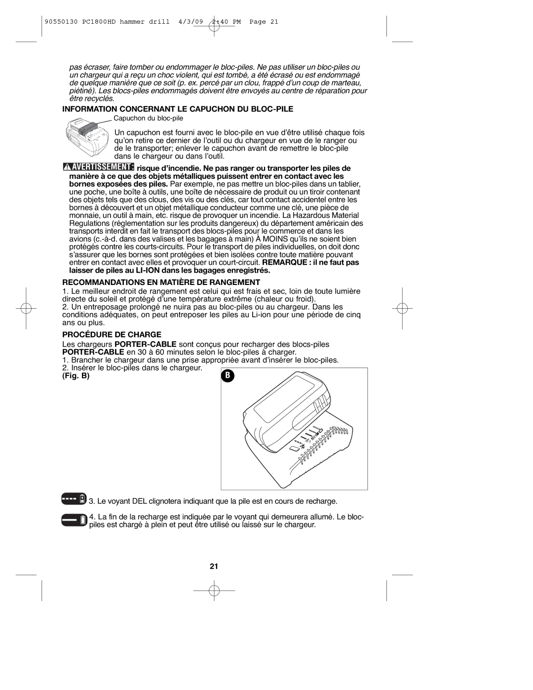 Porter-Cable 90550130, PC1800HD Information Concernant LE Capuchon DU BLOC-PILE, Recommandations EN Matière DE Rangement 