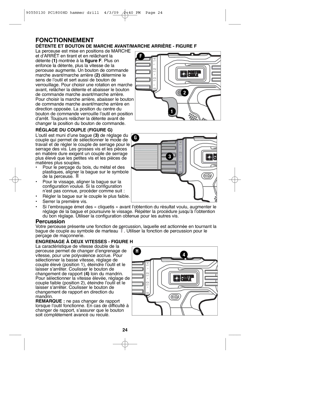 Porter-Cable PC1800HD, 90550130 instruction manual Fonctionnement, Percussion, Réglage DU Couple Figure G 