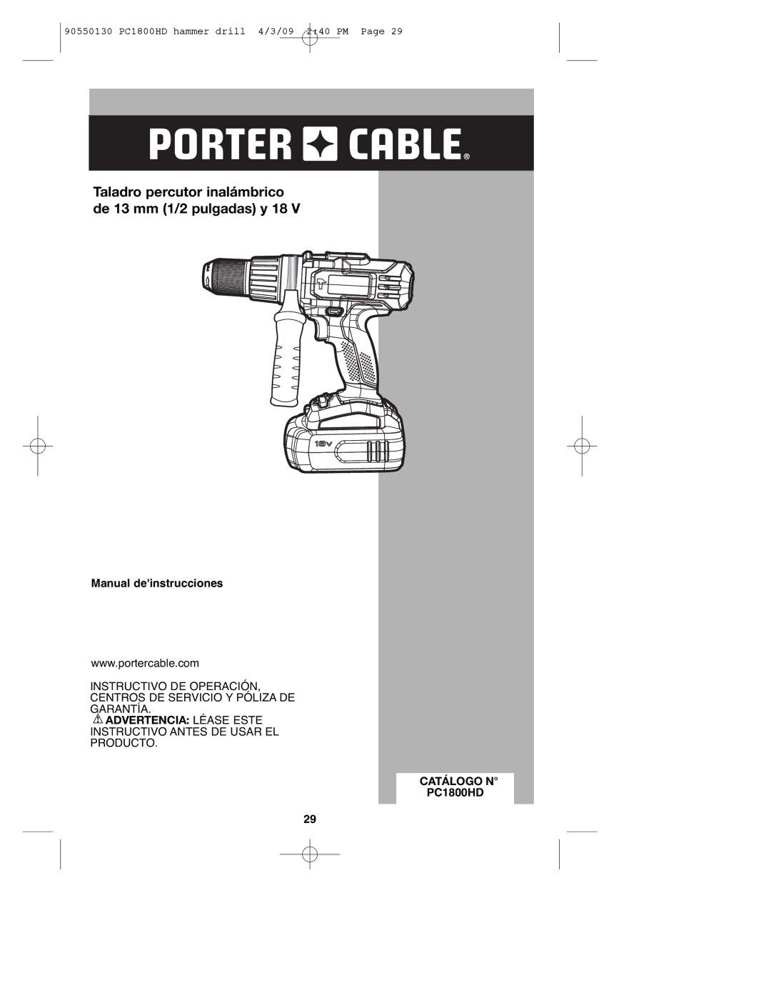 Porter-Cable 90550130 Taladro percutor inalámbrico de 13 mm 1/2 pulgadas y 18, Manual deinstrucciones, Catálogo N 