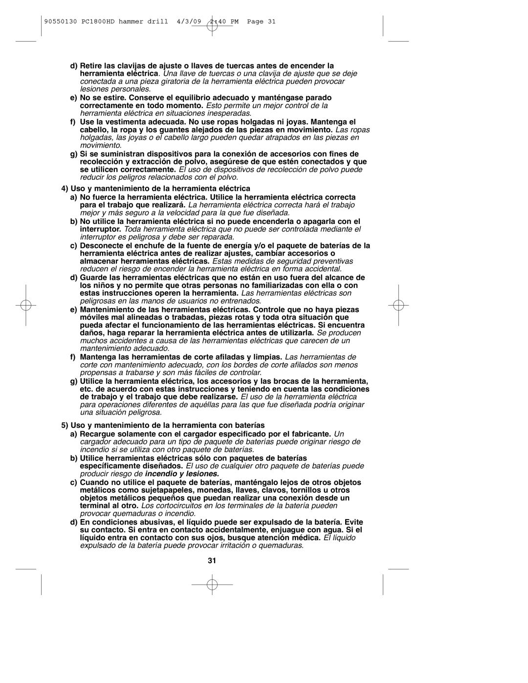 Porter-Cable instruction manual 90550130 PC1800HD hammer drill 4/3/09 240 PM 