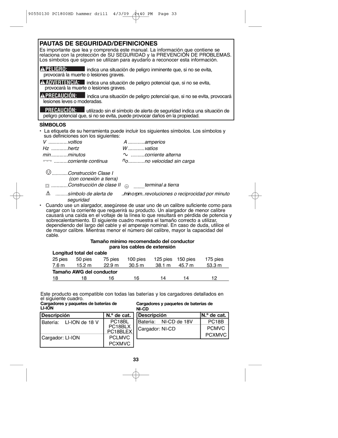 Porter-Cable 90550130, PC1800HD Pautas DE SEGURIDAD/DEFINICIONES, Símbolos, Tamaño AWG del conductor, Descripción De cat 