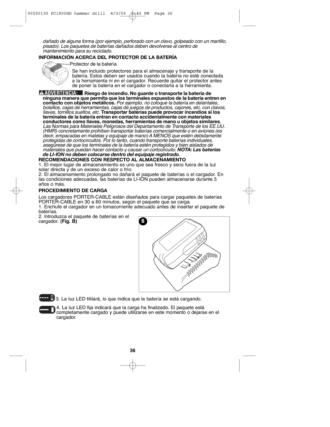 Porter-Cable PC1800HD Información Acerca DEL Protector DE LA Batería, Recomendaciones CON Respecto AL Almacenamiento 