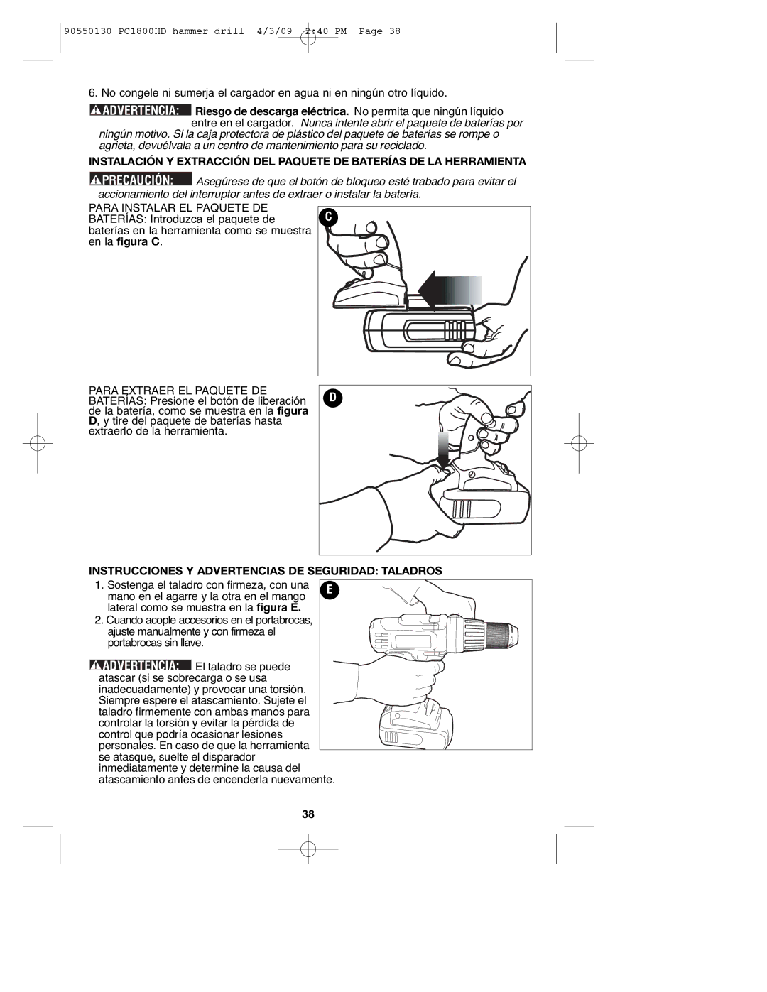 Porter-Cable PC1800HD, 90550130 instruction manual En la figura C, Instrucciones Y Advertencias DE Seguridad Taladros 