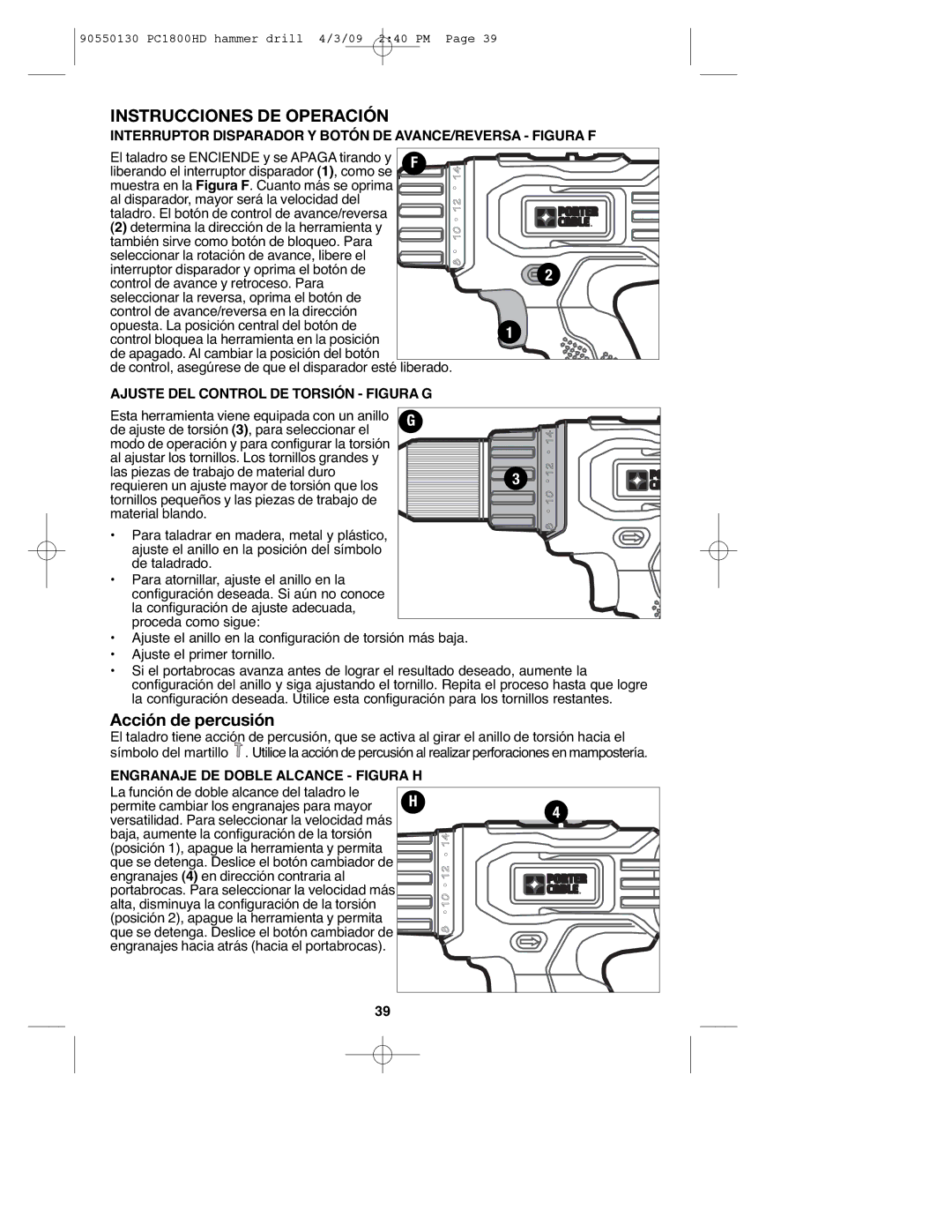 Porter-Cable 90550130, PC1800HD Instrucciones DE Operación, Acción de percusión, Ajuste DEL Control DE Torsión Figura G 