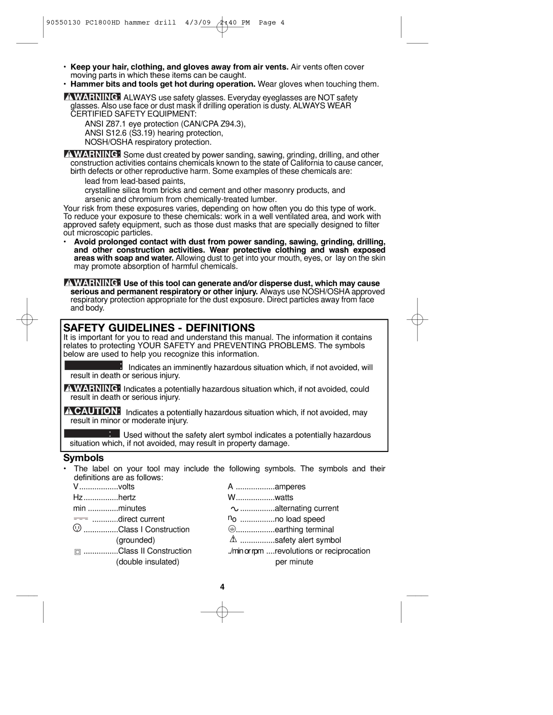 Porter-Cable PC1800HD, 90550130 instruction manual Safety Guidelines Definitions, Symbols 