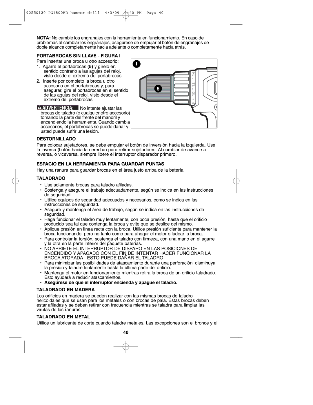 Porter-Cable PC1800HD, 90550130 Portabrocas SIN Llave Figura, Destornillado, Espacio EN LA Herramienta Para Guardar Puntas 