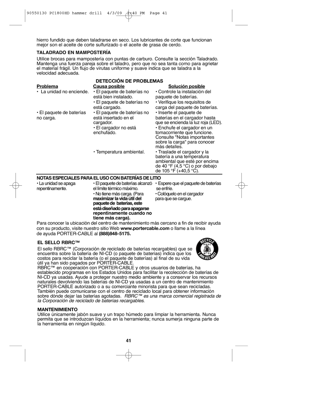 Porter-Cable 90550130 Taladrado EN Mampostería, Detección DE Problemas, Notas Especiales Paraeluso CON Baterías DE Litio 