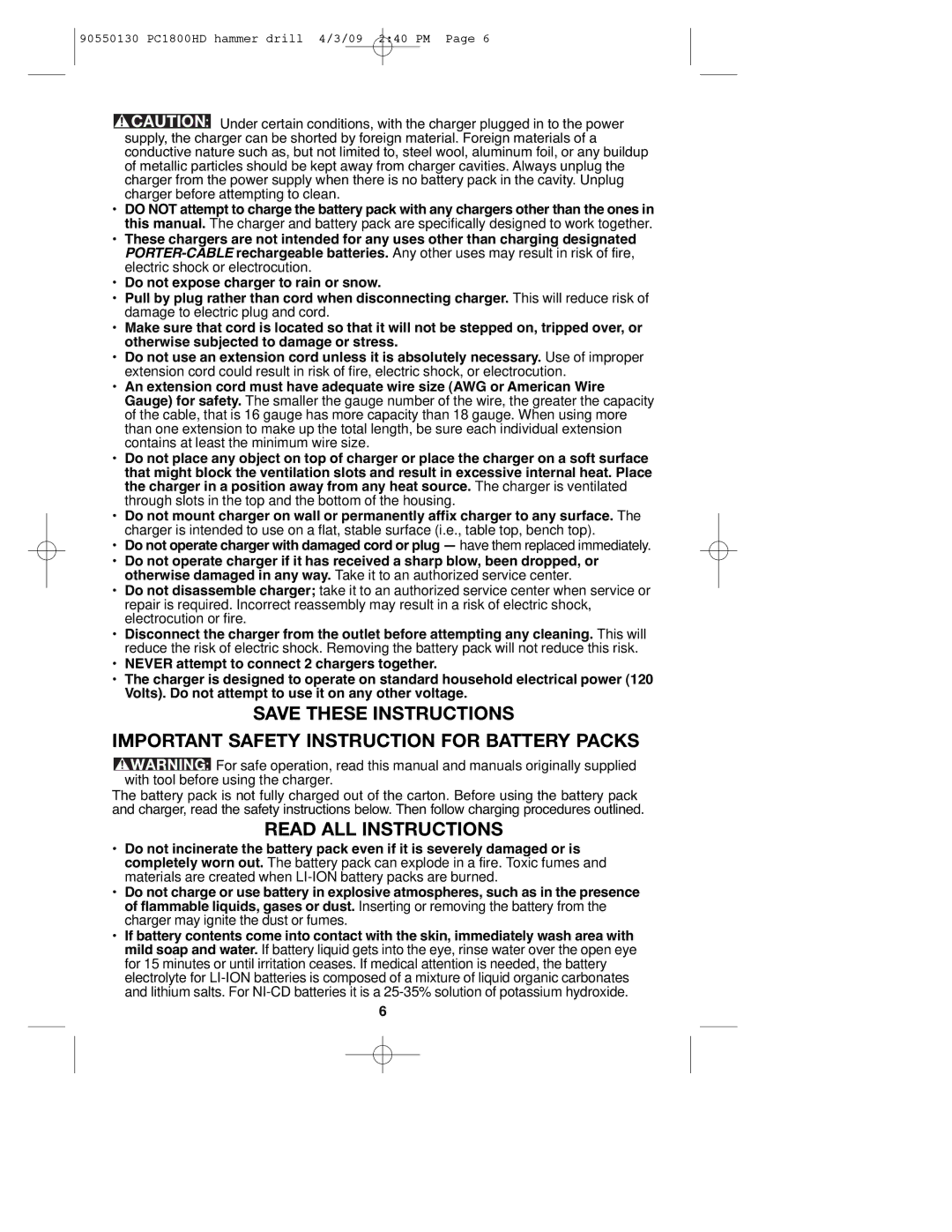 Porter-Cable PC1800HD, 90550130 instruction manual Important Safety Instruction for Battery Packs, Read ALL Instructions 