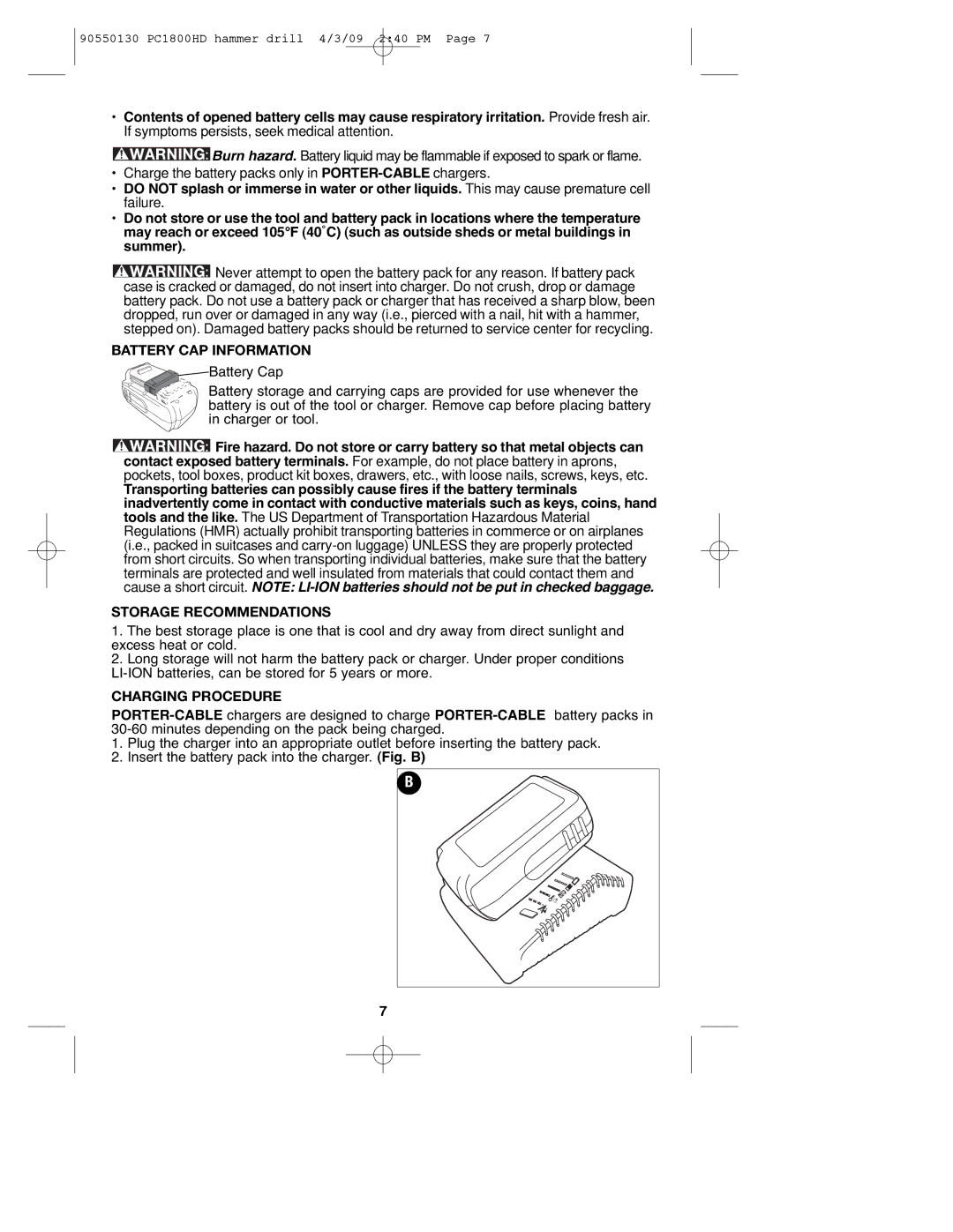 Porter-Cable 90550130, PC1800HD instruction manual Battery CAP Information, Storage Recommendations, Charging Procedure 