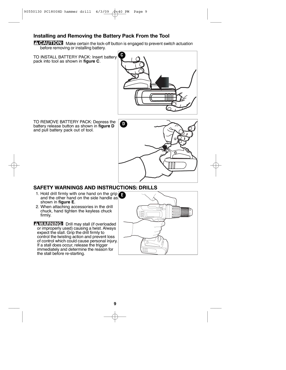 Porter-Cable 90550130 Installing and Removing the Battery Pack From the Tool, Safety Warnings and Instructions Drills 