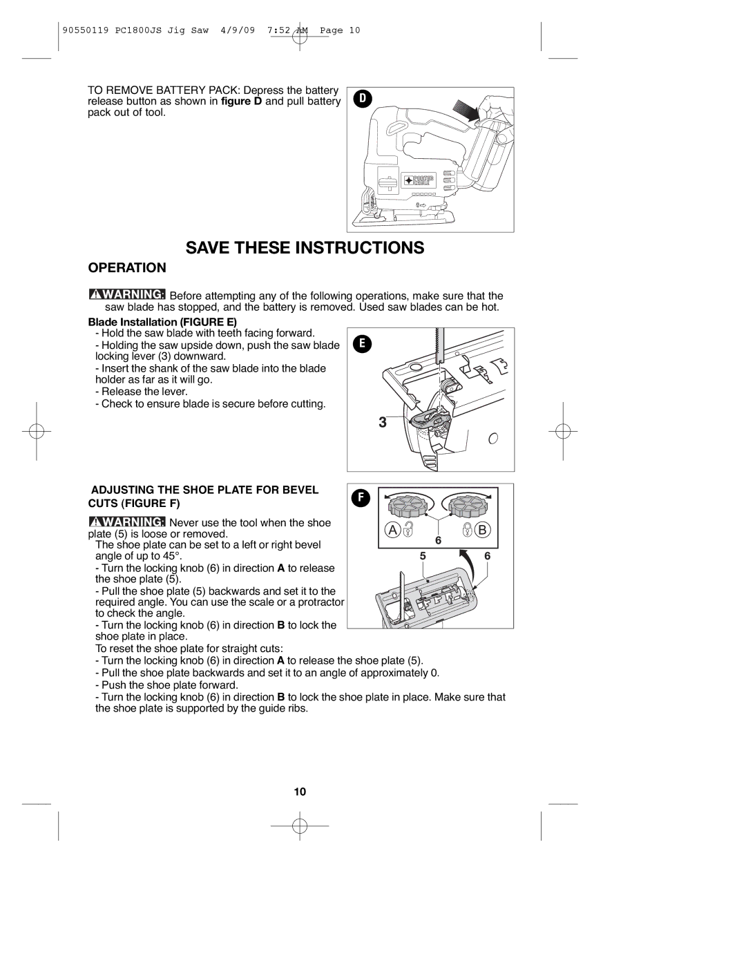 Porter-Cable PC1800JS, 90550119 instruction manual Operation, Adjusting the Shoe Plate for Bevel Cuts Figure F 