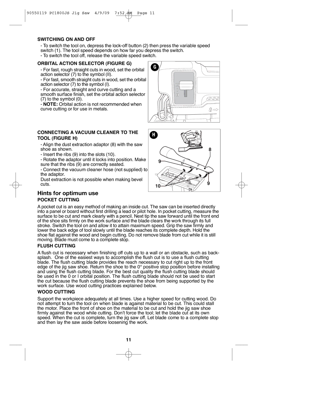 Porter-Cable 90550119 Switching on and OFF, Orbital Action Selector Figure G, Pocket Cutting, Flush Cutting, Wood Cutting 