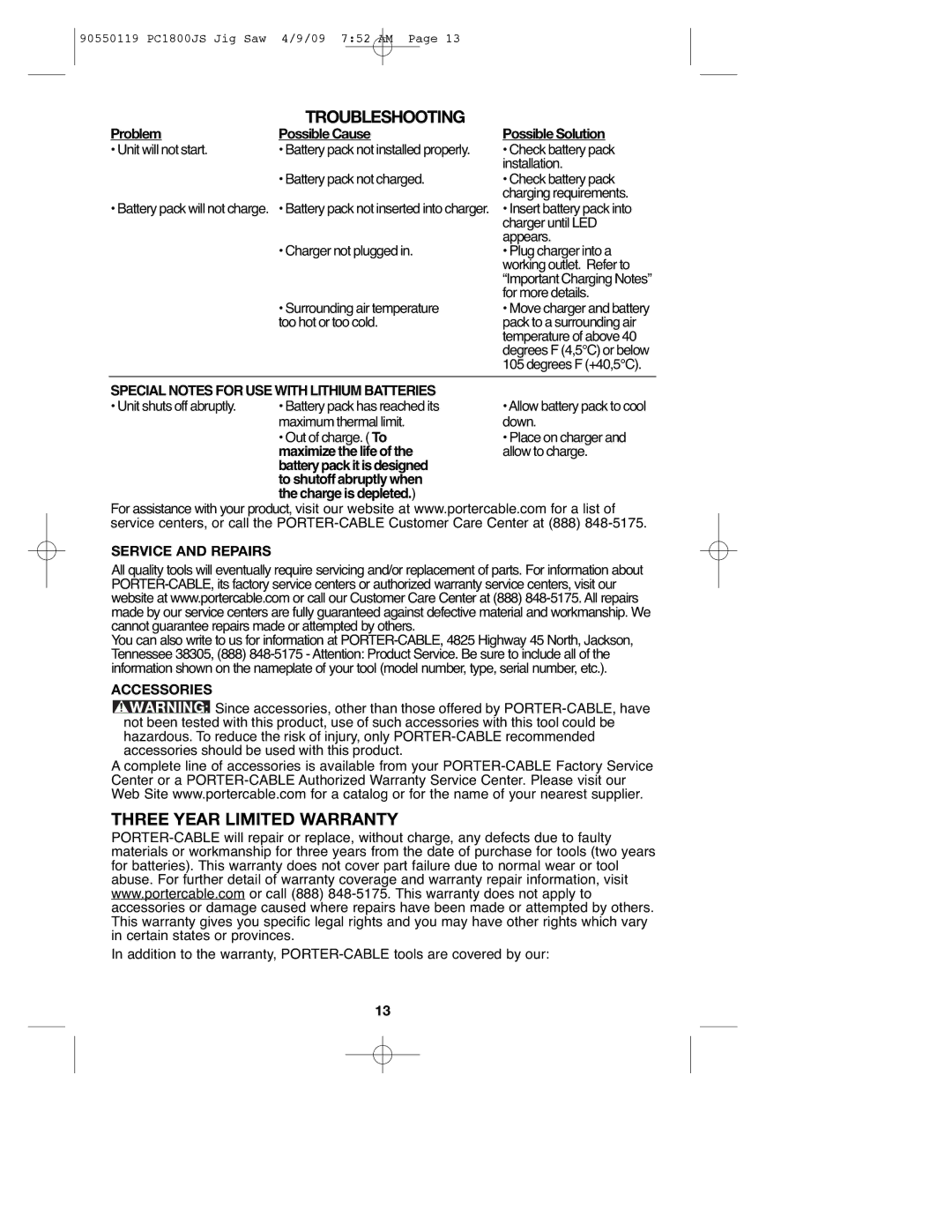 Porter-Cable 90550119, PC1800JS Troubleshooting, Three Year Limited Warranty, Specialnotes for USE with Lithium Batteries 