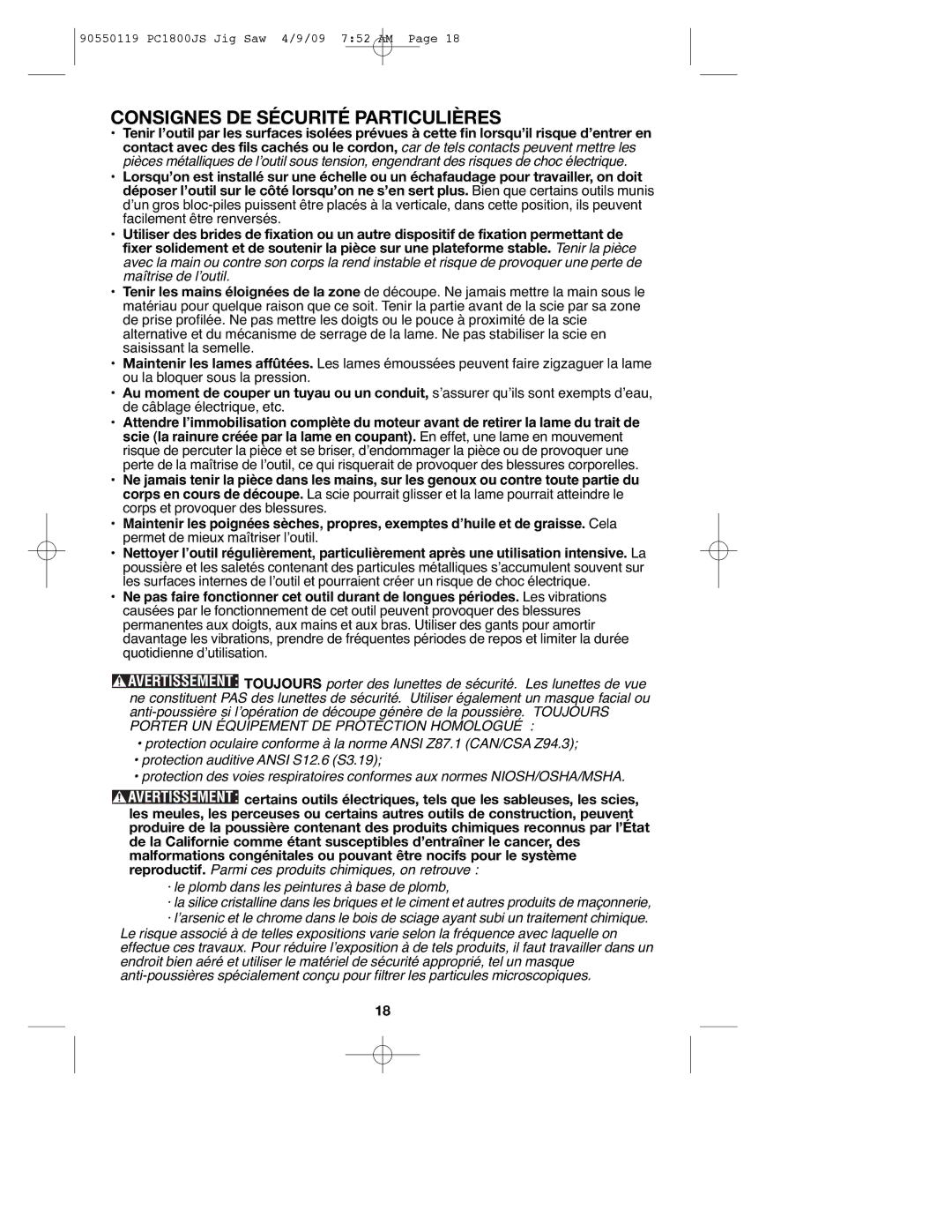 Porter-Cable PC1800JS, 90550119 instruction manual Consignes DE Sécurité Particulières 