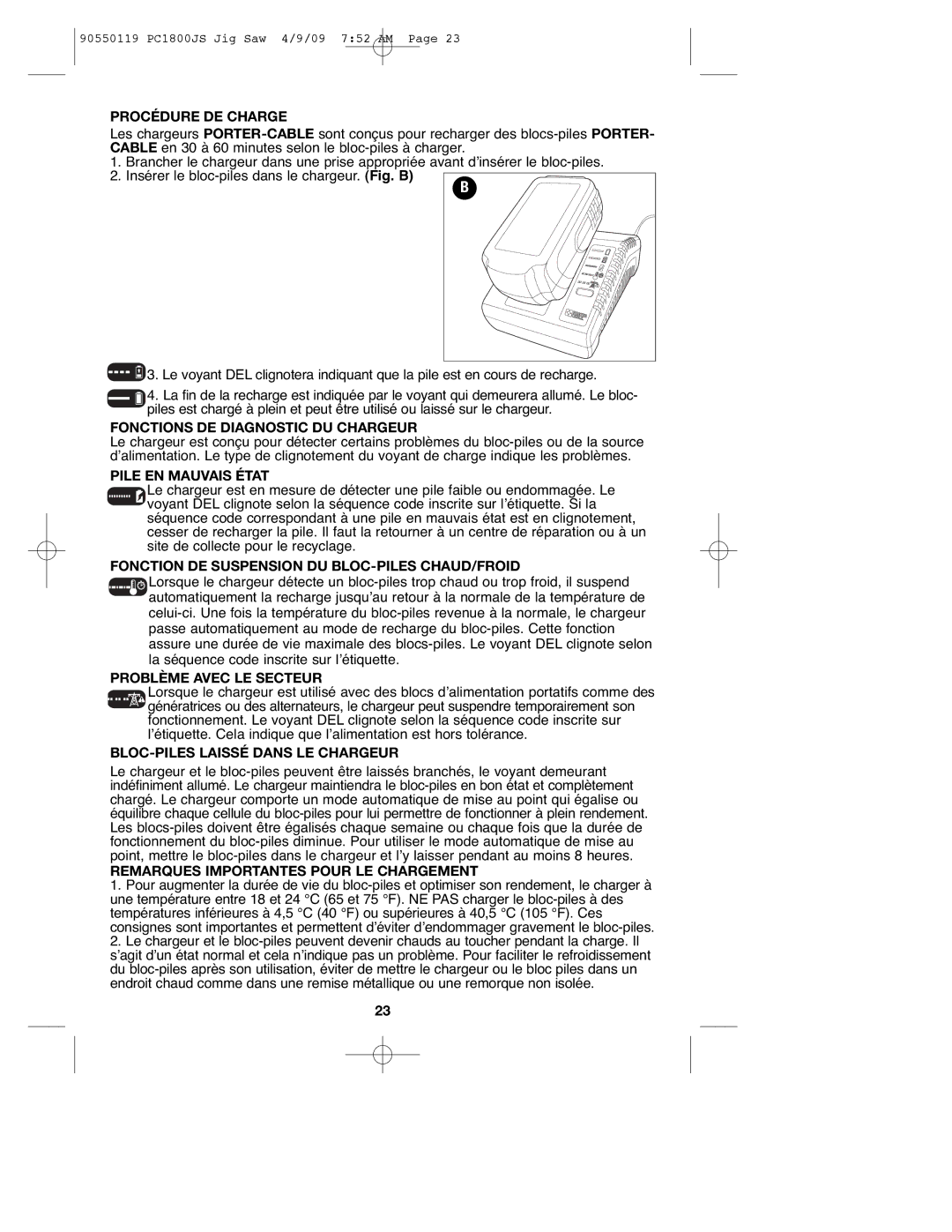 Porter-Cable 90550119, PC1800JS Procédure DE Charge, Fonctions DE Diagnostic DU Chargeur, Pile EN Mauvais État 