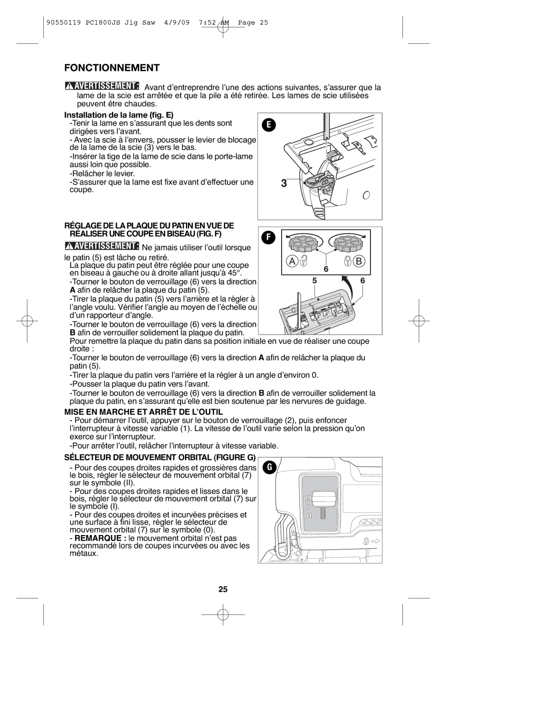 Porter-Cable 90550119 Fonctionnement, Mise EN Marche ET Arrêt DE L’OUTIL, Sélecteur DE Mouvement Orbital Figure G 