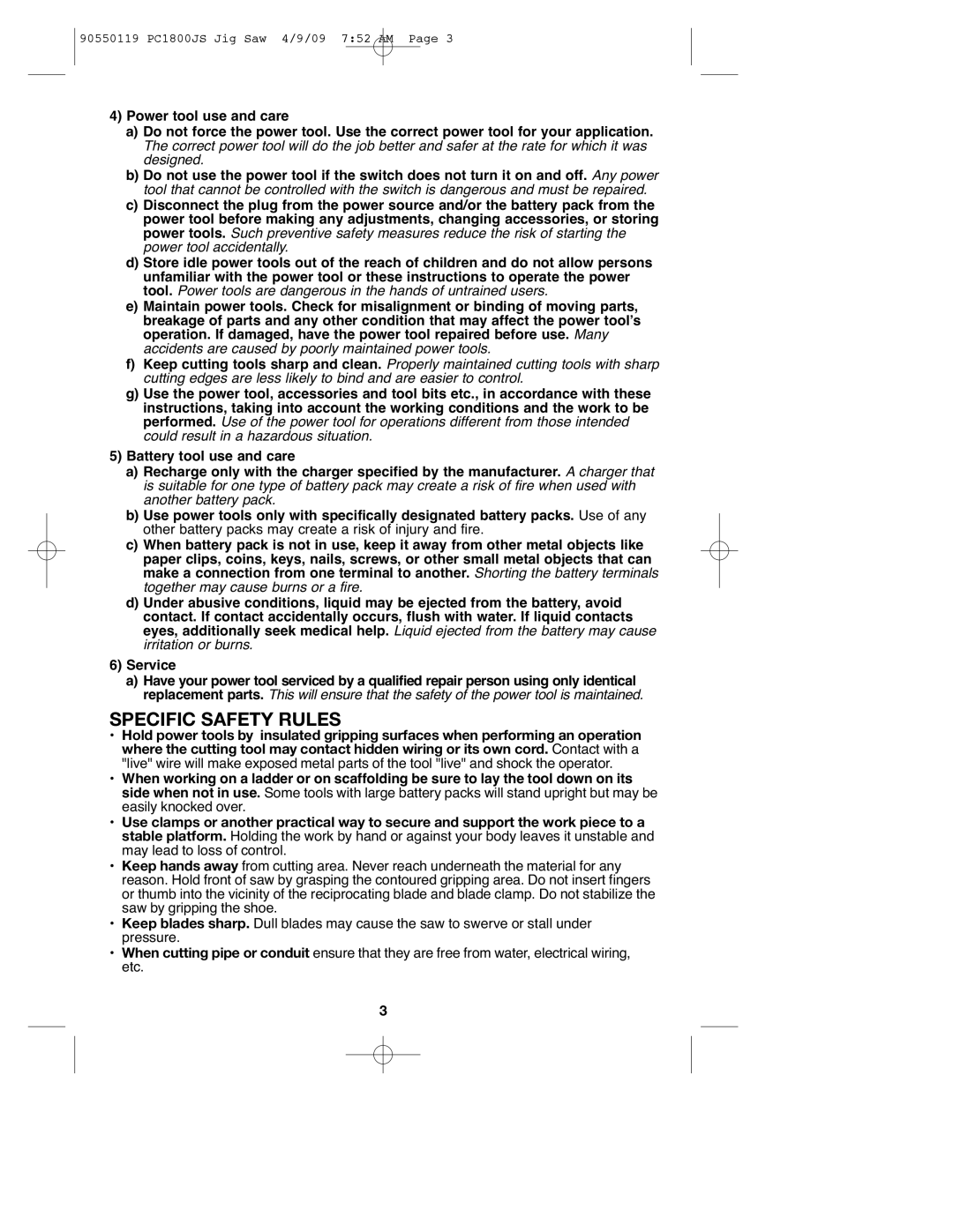 Porter-Cable 90550119, PC1800JS instruction manual Specific Safety Rules 