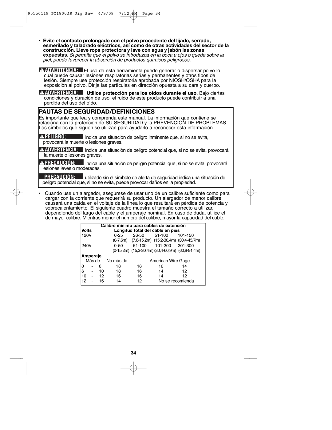 Porter-Cable PC1800JS, 90550119 instruction manual Pautas DE SEGURIDAD/DEFINICIONES, Peligro 