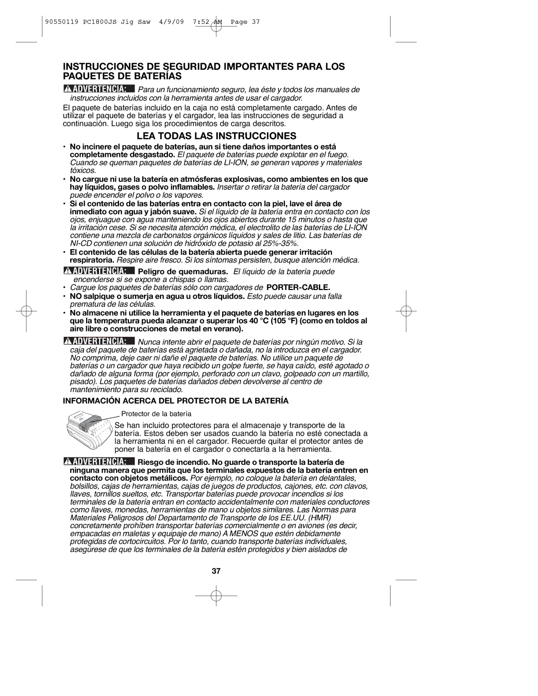 Porter-Cable 90550119, PC1800JS LEA Todas LAS Instrucciones, Información Acerca DEL Protector DE LA Batería 